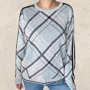 Charter Club Long Sleeve Striped Crew Neck plaid Ice Gray Heather Sweater L